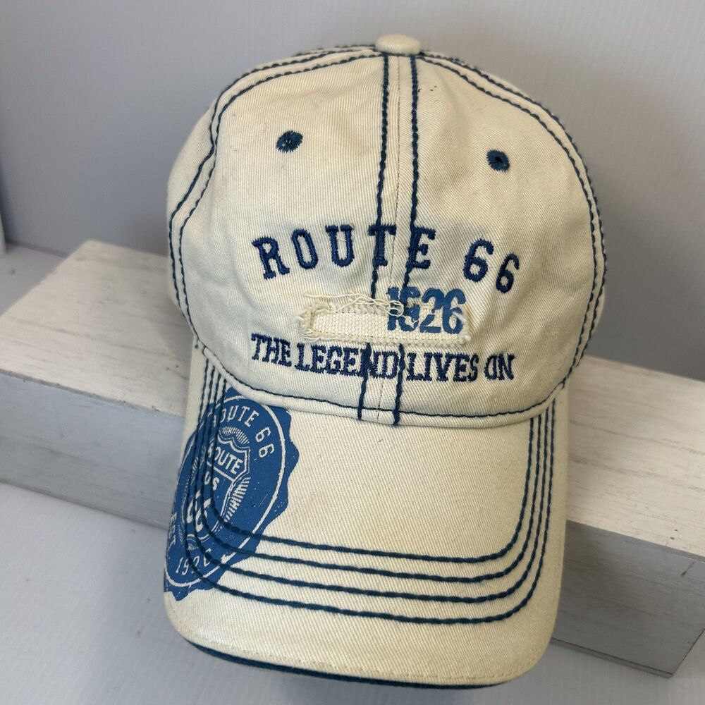 Route 66 1926 The Legend Lives On Real Time Product Distressed Cap Cream Blue